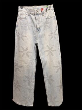 Light Blue Women's Wide-Leg Jeans with Rheinstone Sparkle Floral Accents